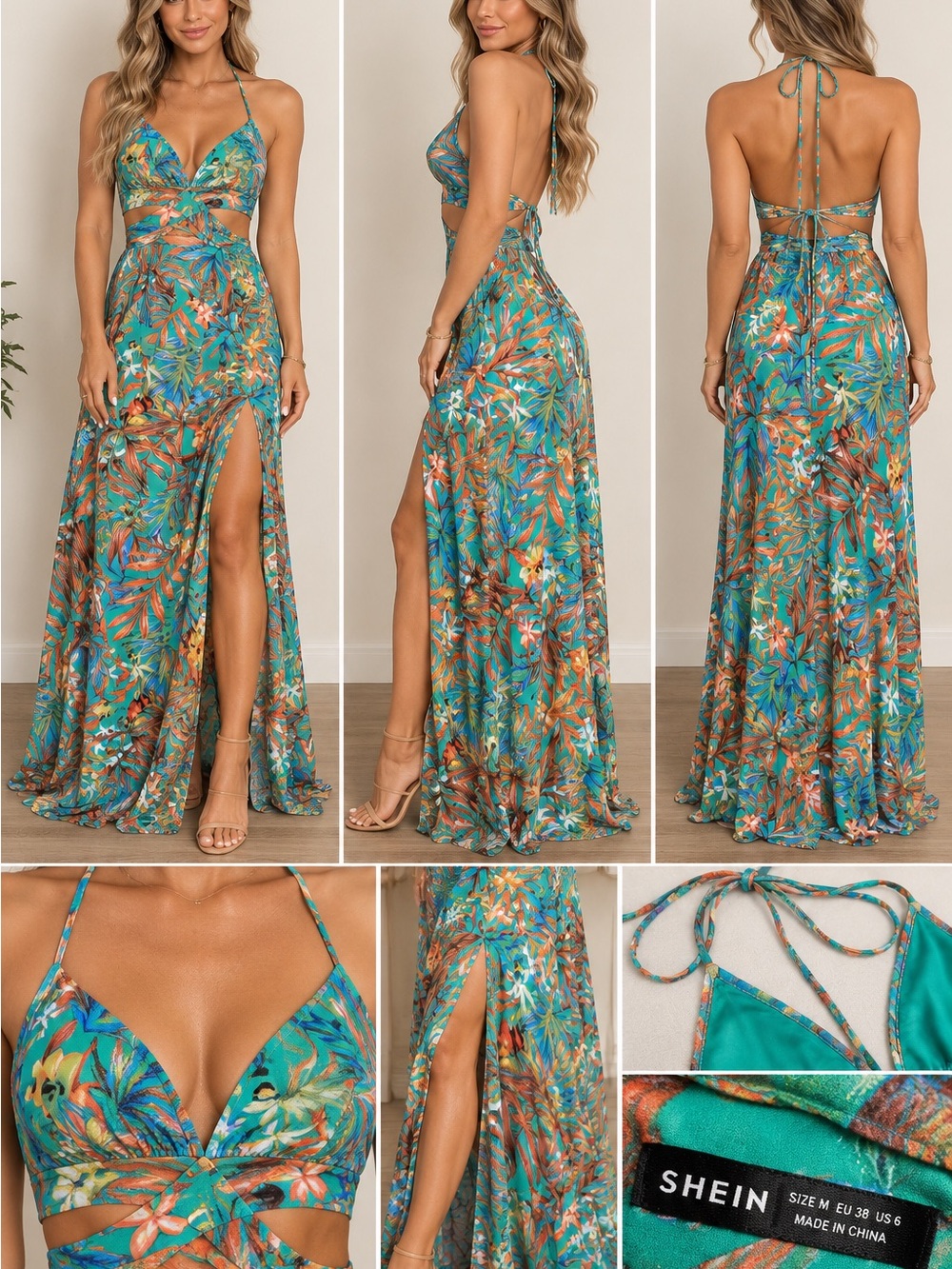 SHEIN Teal Tropical Halter Cutout Maxi Dress